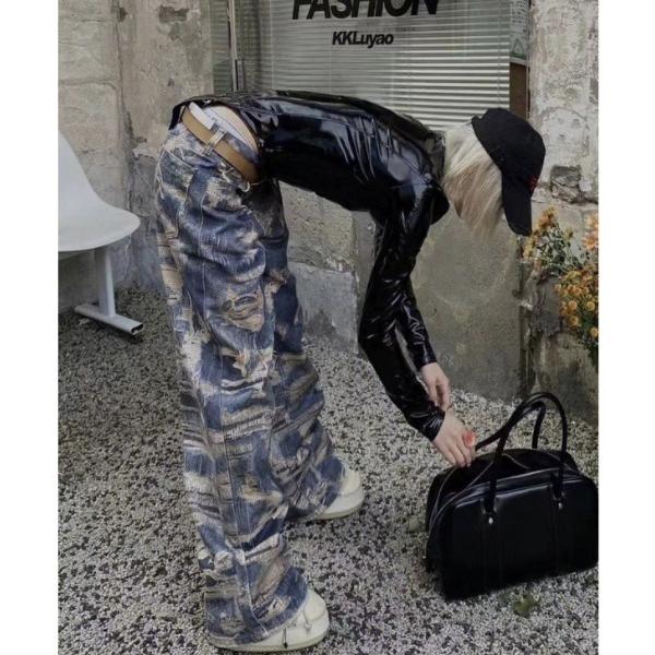 ジーンズ デニム デニムパンツ トロンプルイユ柄 韓国 古着風 ダメージ ウォッシュ デニム エフェ...