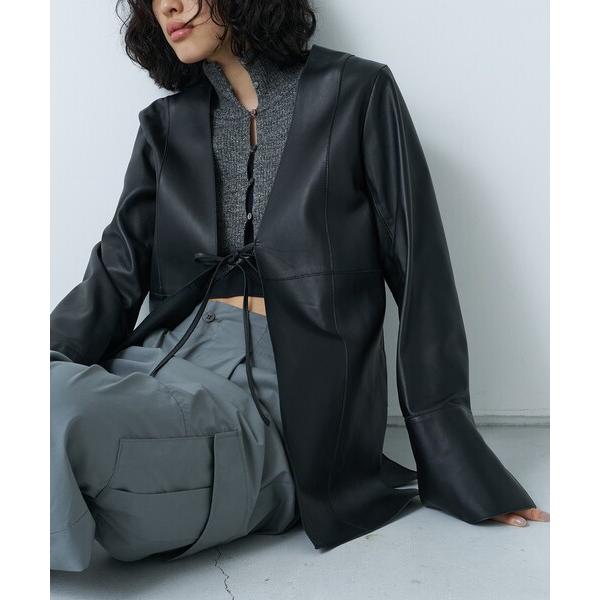 ジャケット ノーカラージャケット front ribbon leather jacket レディース