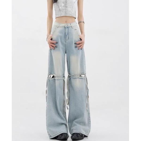 ジーンズ デニム デニムパンツ リボン　ハイウエスト　ダメージ　ワイドデニムパンツ 　美シルエット。...