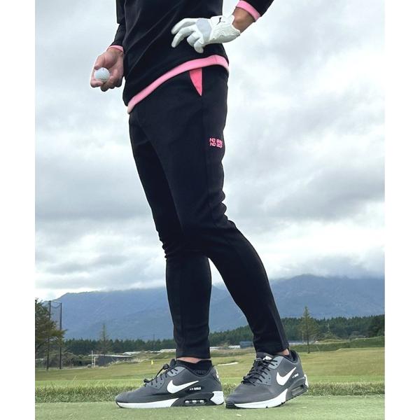 ゴルフ ピンク刺繍入り エアーポンチジャージ素材 テーパードゴルフパンツ メンズ