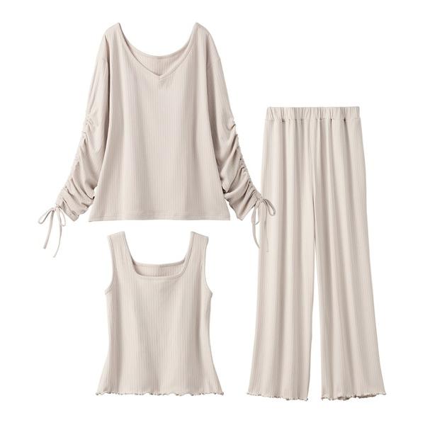 パジャマ ルームウェア 「3点セット/着心地」レーヨンブレンドリブルームウエア レディース