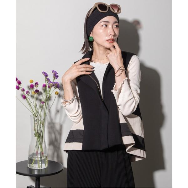 ベスト ジレ バイカラー　スタンドジップベスト レディース