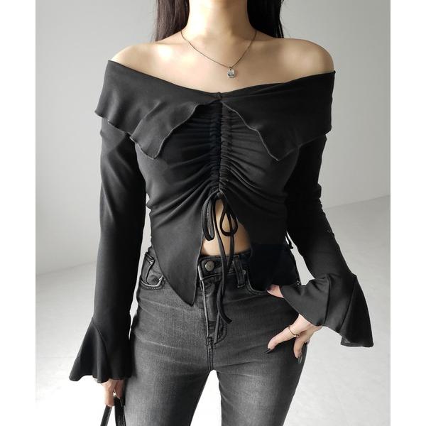 tシャツ 「 ２color 」シャーリングフロントスリットオフショルトップス ／ shirring ...