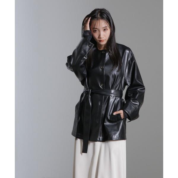 ジャケット ノーカラージャケット フェイクレザーベルテッドジャケット(セットアップ可) レディース
