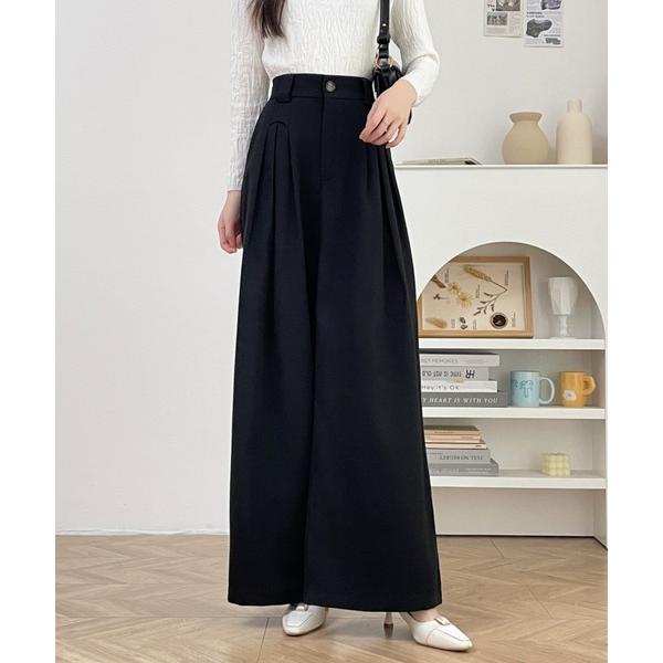 スラックス パンツ 太めベルトタックワイドスラックスパンツ レディース