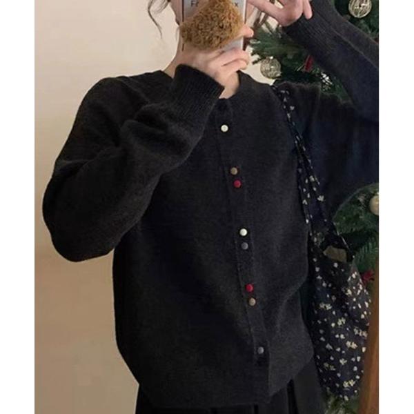 カーディガン ふんわり素材で可愛らしい。配色ボタン モヘア ニット カーディガン レディース