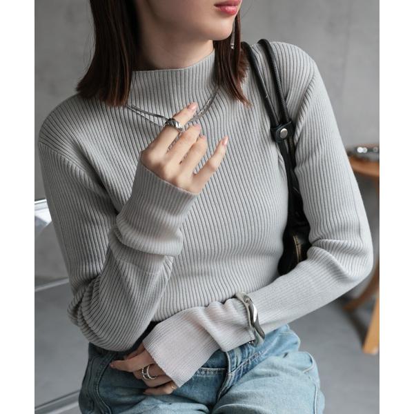 ニット セーター ラメ/シアー 袖口切り替え  ボトルネックニットトップス レディース