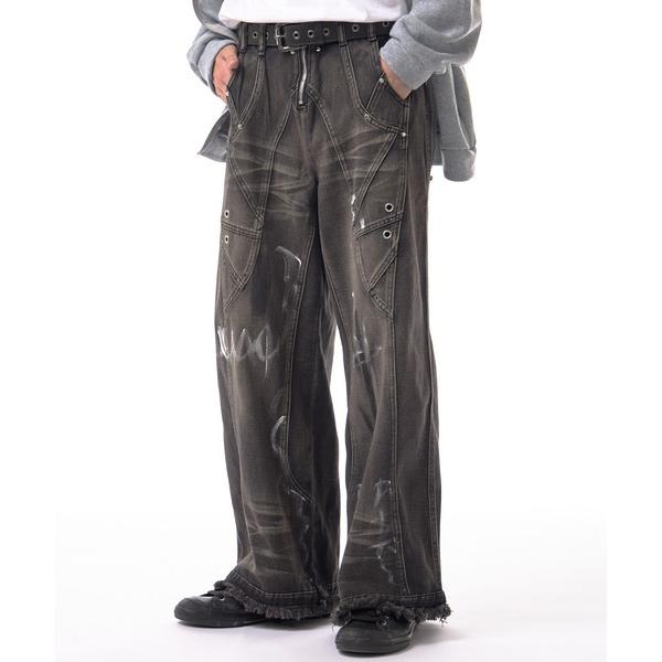 ジーンズ irregular switching graffiti denim pants / 切替...