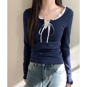 tシャツ フェイクレイヤード リボンフリルブラウス レディース