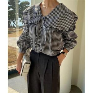 ブラウス シャツ ビッグカラー チェックフリルトップス レディース
