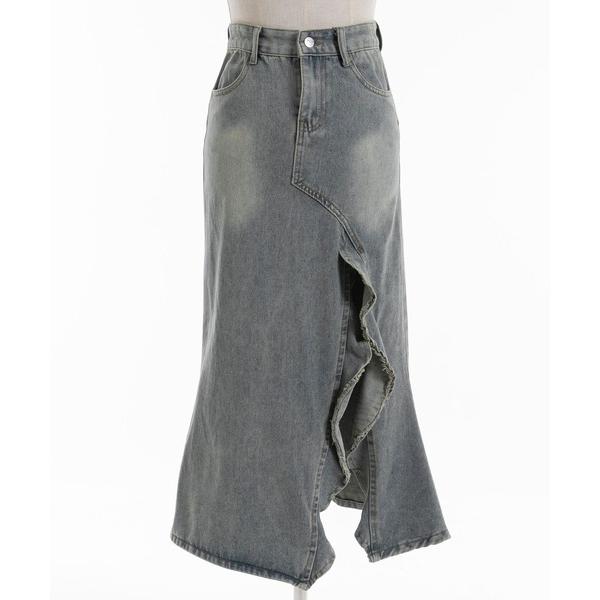 スカート フリルスリット肌魅せデニムスカート