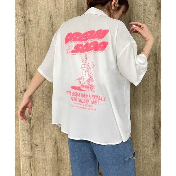 ブラウス シャツ 「蛍光バックロゴ」レディース ビッグシルエット プリントシャツ 羽織り 半袖 オー...