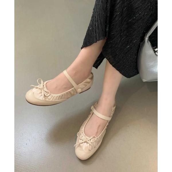 バレエシューズ パンプス ストラップ付ギャザーバレエシューズ