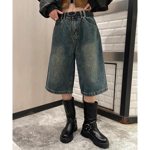 ジーンズ デニム デニムパンツ ウォッシュドデニムハーフパンツ ヴィンテージライク/S，M，L 3サ...