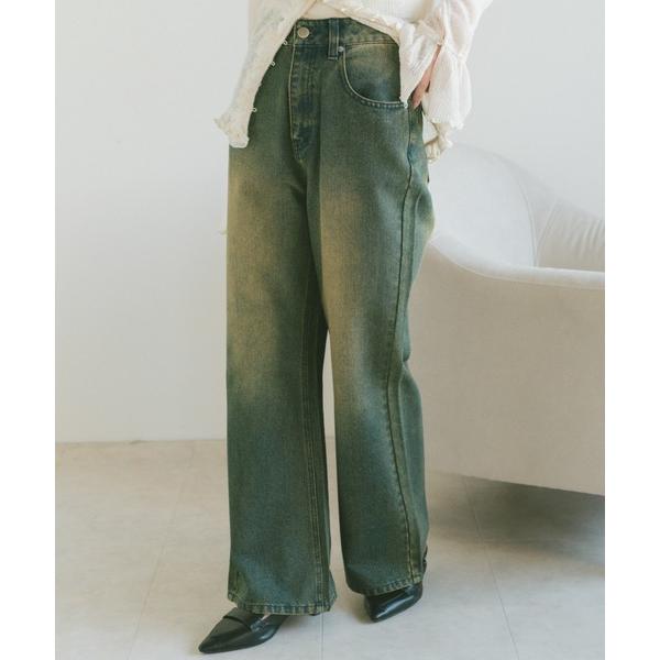 ジーンズ デニム デニムパンツ オーバーダイセミフレアデニムパンツ レディース
