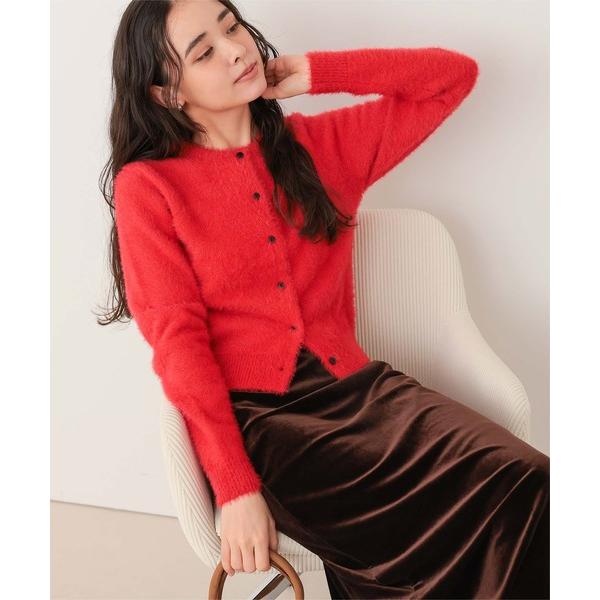 カーディガン クルーネックミニシャギーニットカーディガン レディース