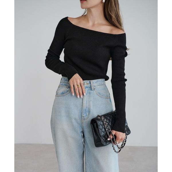 ニット セーター スクエアネック長袖リブニット レディース