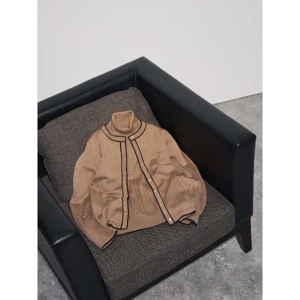 カーディガン 「洗える」ウール混　配色ニットカーディガン　ブラック/オフホワイト/ブラウン レディー...