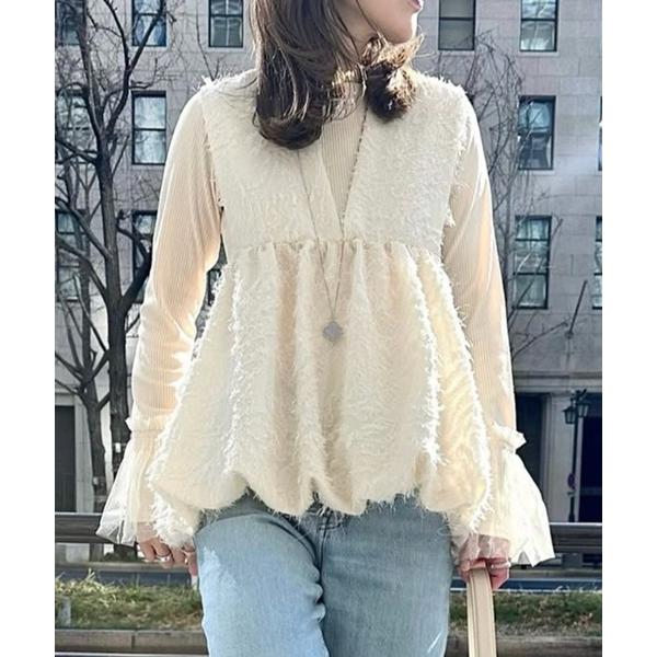 ベスト ジレ 深Vネックフリンジジャガードバルーンペプラムベスト レディース