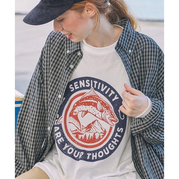 tシャツ ヴィンテージライク フィッシュ グラフィックプリント オーバーサイズ 長袖Tシャツ レディ...