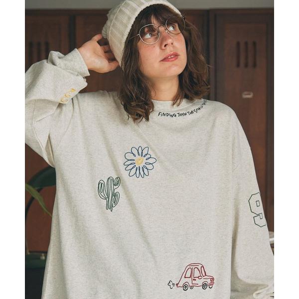 tシャツ 配色 落書き刺繍  オーバーサイズ長袖Tシャツ レディース メンズ