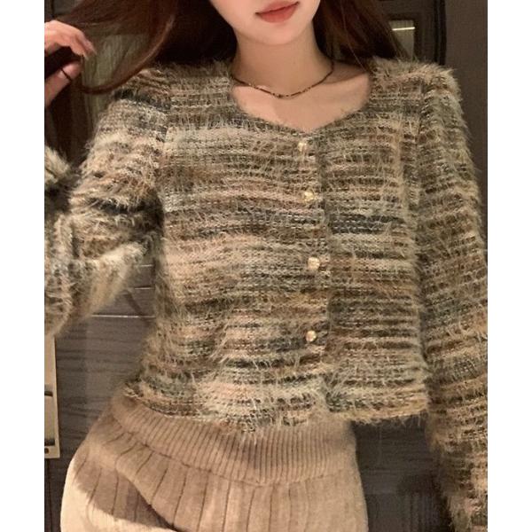 カーディガン ラウンドネックボーダーシャギーカーディガン レディース