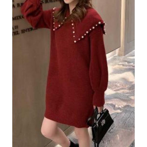 ワンピース パール襟付き ニットミニワンピース