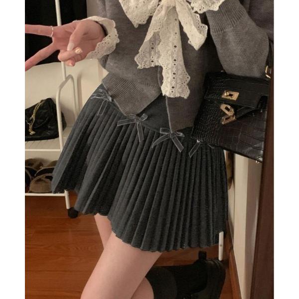 スカート フェイクウール リボン プリーツ ミニスカート