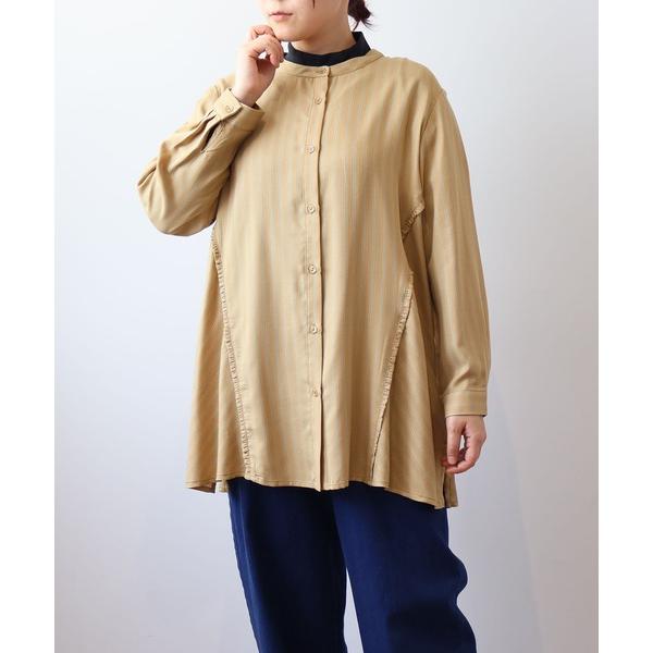 ブラウス シャツ 「L〜5L 大きいサイズ」ストライプバンドカラー切替えシャツ レディース