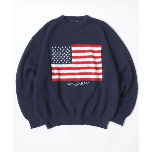 セーター ニット 星条旗フラッグ・ユニオンジャック国旗 ジャガード編みニットセーター メンズ レディ...
