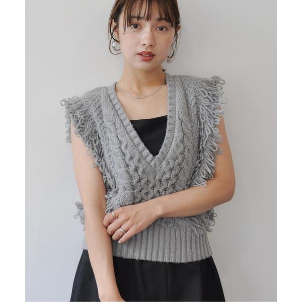 ベスト ジレ フリンジバルキーニットベスト レディース