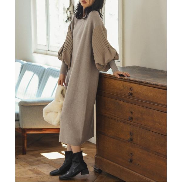 ワンピース プリーツスリーブニットワンピース