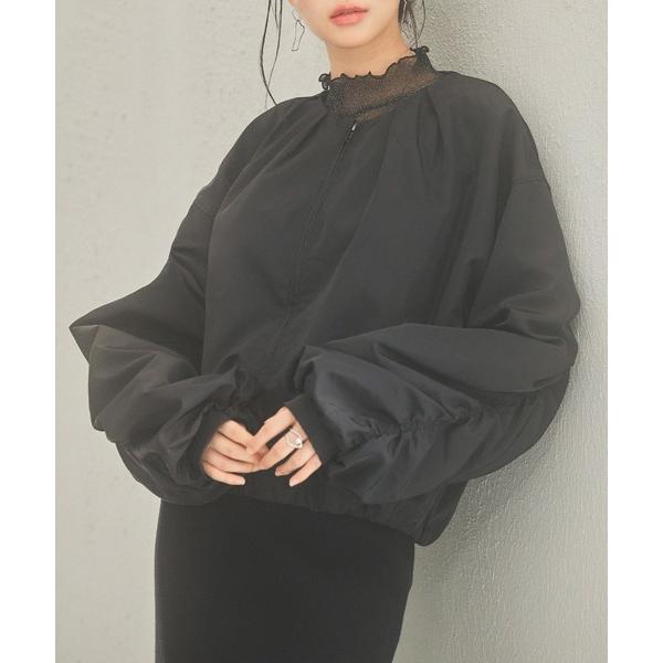 ブルゾン アウター ノーカラー袖ギャザーブルゾン レディース