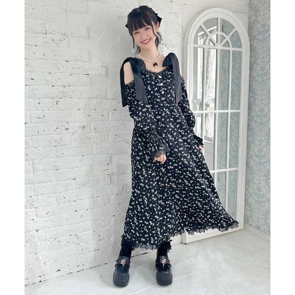 ワンピース 肩リボン花柄ロングワンピース