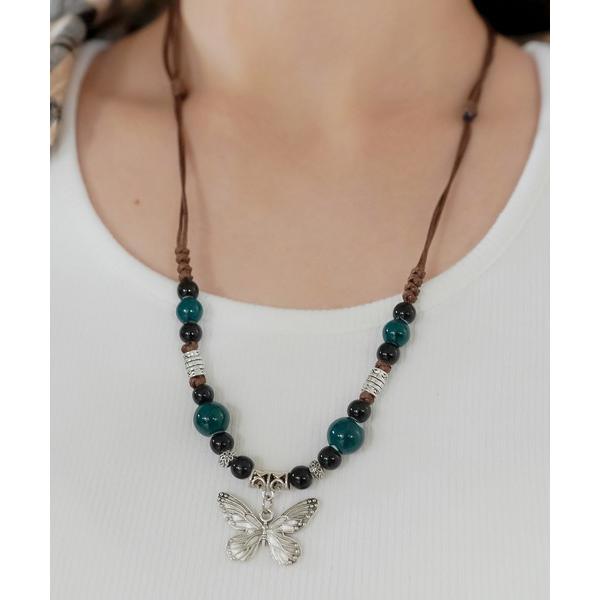 ネックレス バタフライビーズ紐ネックレス レディース