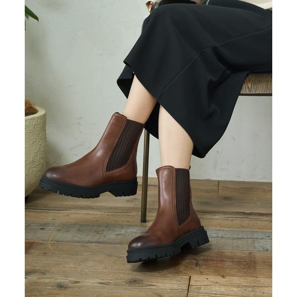 ブーツ 「撥水加工」リアルレザー 厚底トラックソールサイドゴアブーツ レディース