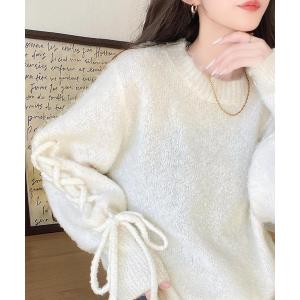 ニット セーター 大人の華やかニット。袖レースアップキャンディスリーブニット レディース