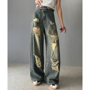 ジーンズ デニム デニムパンツ 「Javaジャバコラボ」主役を飾る1本。アシメトリーウエストデザインクラッシュ加工ダメージワイドデニムパンツ