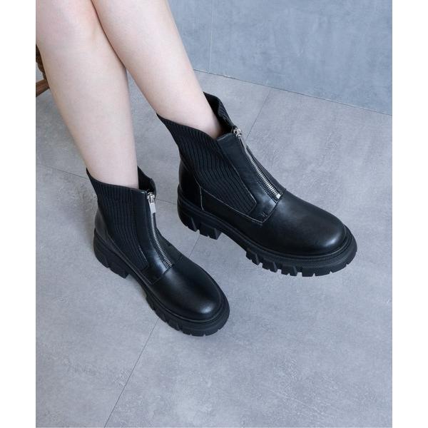 ブーツ トラックソールニットジップショートブーツ レディース