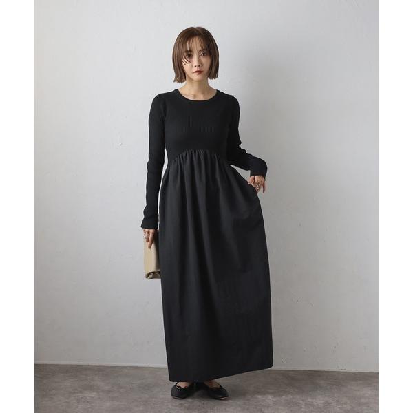 ワンピース 異素材切り替えニットワンピース