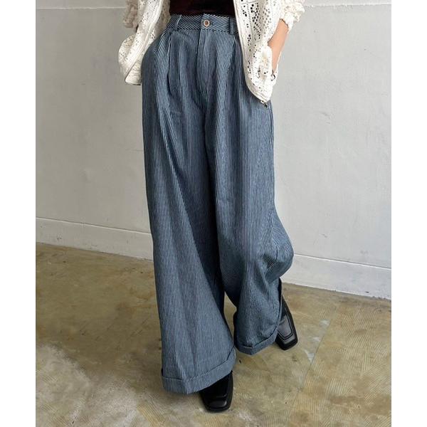 ワイドパンツ ジーンズ デニム デニムパンツ ロールアップヒッコリーデニムワイドタックパンツ レディ...