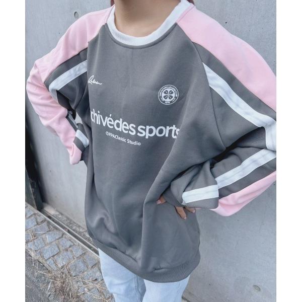 トレーナー スウェット 配色袖ラインゲームユニフォームスウェット レディース