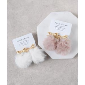 イヤリング リボン×ポンポンファー/イヤリング レディース