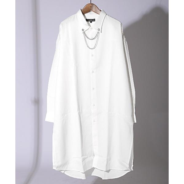 シャツ チェーンネックカラーピン付き無地ロング丈長袖シャツ メンズ レディース