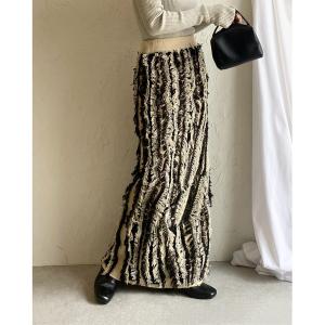 スカート ウェーブ柄ミックスフリンジジャガードハイウエストニットタイトロングスカート