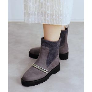 ブーツ ビジューチェーン付き　厚底ニット切り替えブーツ レディース