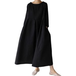 ワンピース 麻混　ロング丈　ルーズシルエット　ワンピース