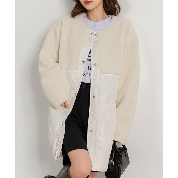 ノーカラーコート コート レディース 着映える異素材MIX/ボア×キルティングノーカラーコート レデ...