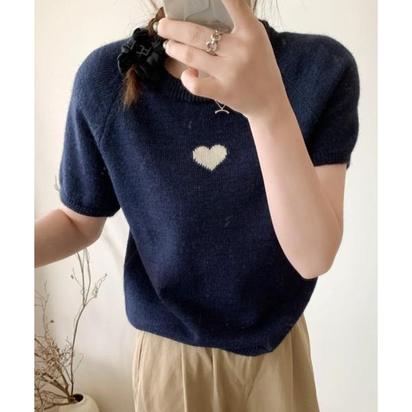 ニット セーター ワンポイントハートニット半袖 レディース