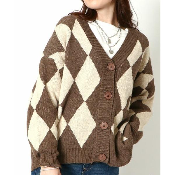 カーディガン 「配色ダイヤ柄×ゆるシルエット」レディース ニットカーディガン 体型カバー 秋冬 レデ...